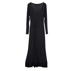 AllSaints Rina LS Black Ribbed Maxi Dress Side Slit Ruched Knot Detail US 12